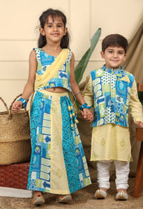 Panna Boys Ethnic Hand-Block Printed Kurta With Manara Bandi Nehru Jacket And Churidaar Set