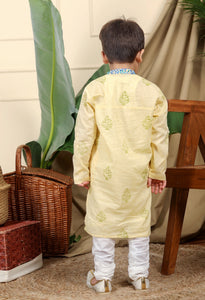 Panna Boys Ethnic Embroidered Kurta In Hand-Block Printed Cotton With Churidaar Set