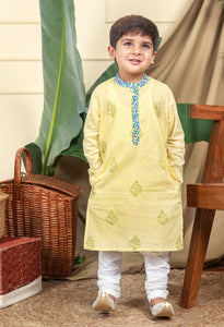 Panna Boys Ethnic Embroidered Kurta In Hand-Block Printed Cotton With Churidaar Set