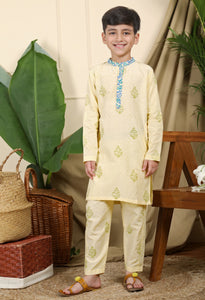 Panna Boys Ethnic Embroidered Kurta In Hand-Block Printed Cotton