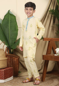 Panna Boys Ethnic Embroidered Kurta In Hand-Block Printed Cotton