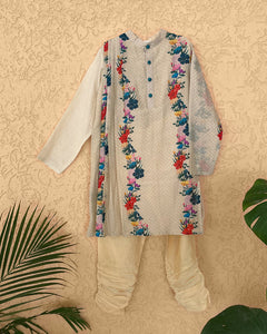 Gulzar Cotton Silk Floral Printed Pleated Kurta With Churidaar Cream