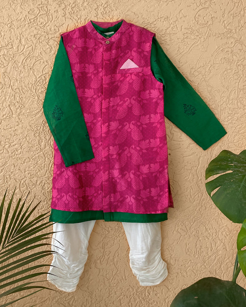 Panna Cotton Silk Chanderi Green Block Printed Kurta With Pink Long Sherwani Jacket And Churidaar