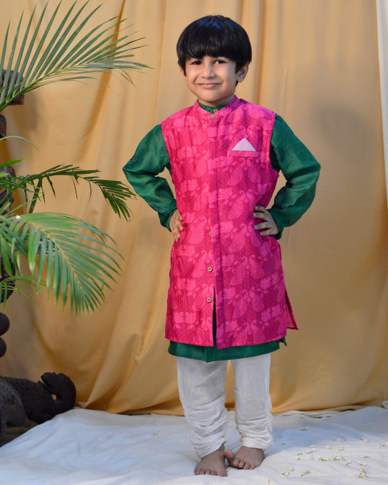 Panna Cotton Silk Chanderi Green Block Printed Kurta With Pink Long Sherwani Jacket And Churidaar