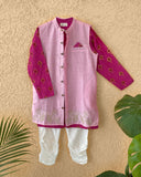 Maanik Cotton Silk Magenta Block Printed Kurta With Zari Embroidered Long Sherwani Jacket And Churidaar