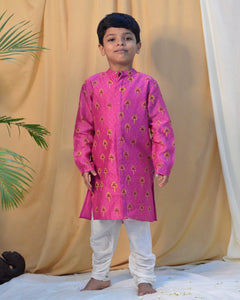 Maanik Cotton Silk Magenta Block Printed Kurta With Zari Embroidered Long Sherwani Jacket And Churidaar