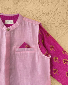 Maanik Cotton Silk Magenta Block Printed Kurta With Zari Embroidered Long Sherwani Jacket And Churidaar