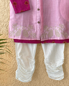 Maanik Cotton Silk Magenta Block Printed Kurta With Zari Embroidered Long Sherwani Jacket And Churidaar