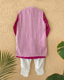 Maanik Cotton Silk Magenta Block Printed Kurta With Zari Embroidered Long Sherwani Jacket And Churidaar