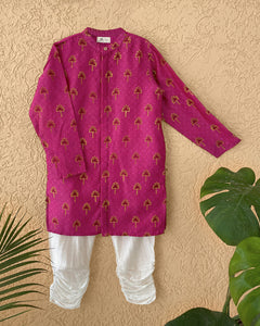 Maanik Cotton Silk Magenta Block Printed Kurta With Zari Embroidered Long Sherwani Jacket And Churidaar