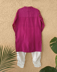 Maanik Cotton Silk Magenta Block Printed Kurta With Zari Embroidered Long Sherwani Jacket And Churidaar