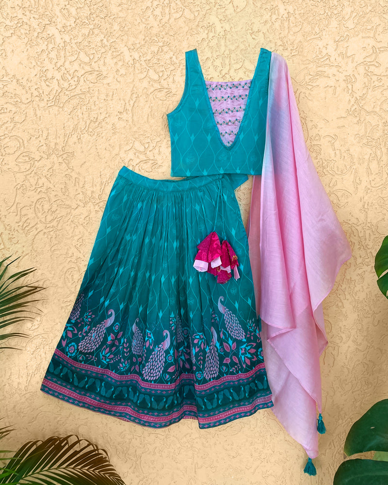 Firoza Cotton Silk Printed Lehenga With Zari embroidered Blouse And Matching Dupatta Turquoise Blue