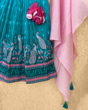 Firoza Cotton Silk Printed Lehenga With Zari embroidered Blouse And Matching Dupatta Turquoise Blue