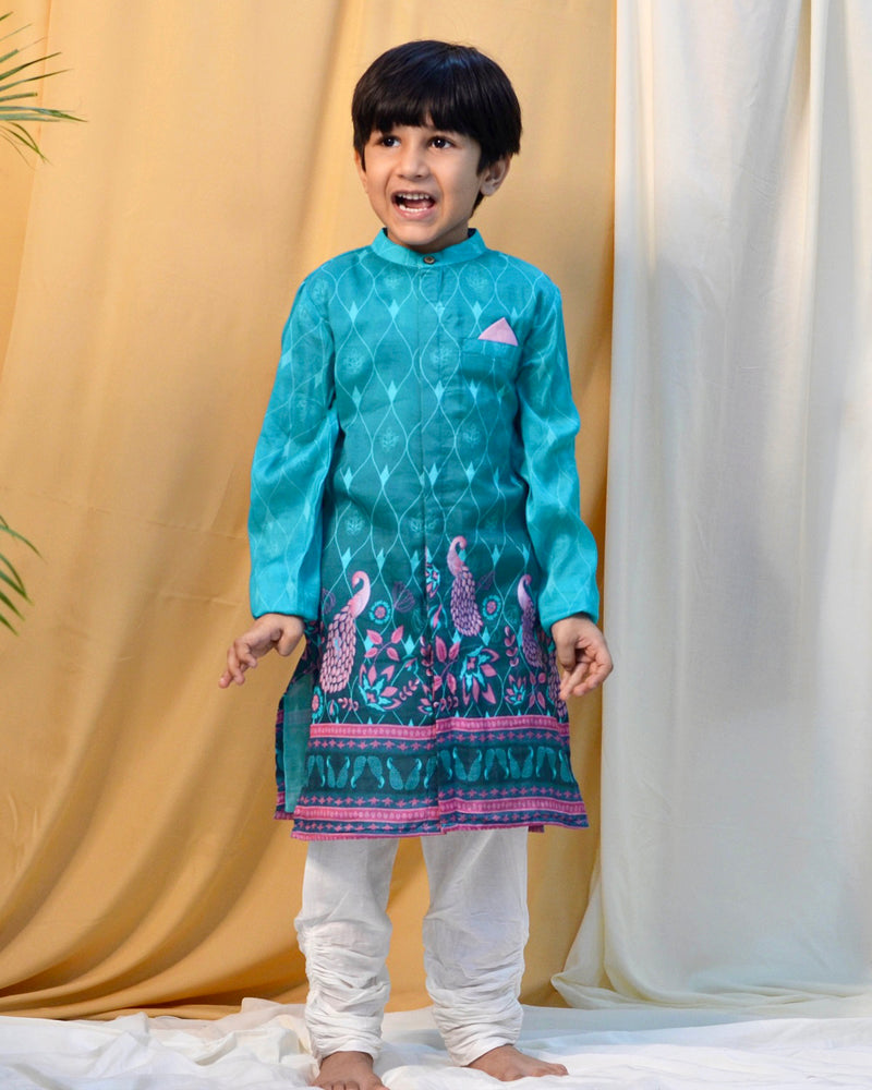 Firoza Cotton Silk Printed Sherwani With Churidaar Turquoise Blue