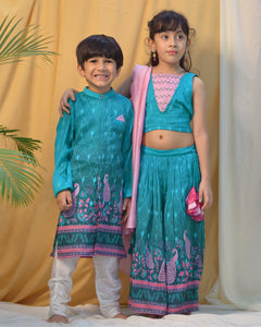 Firoza Cotton Silk Printed Sherwani With Churidaar Turquoise Blue