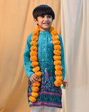 Firoza Cotton Silk Printed Sherwani With Churidaar Turquoise Blue