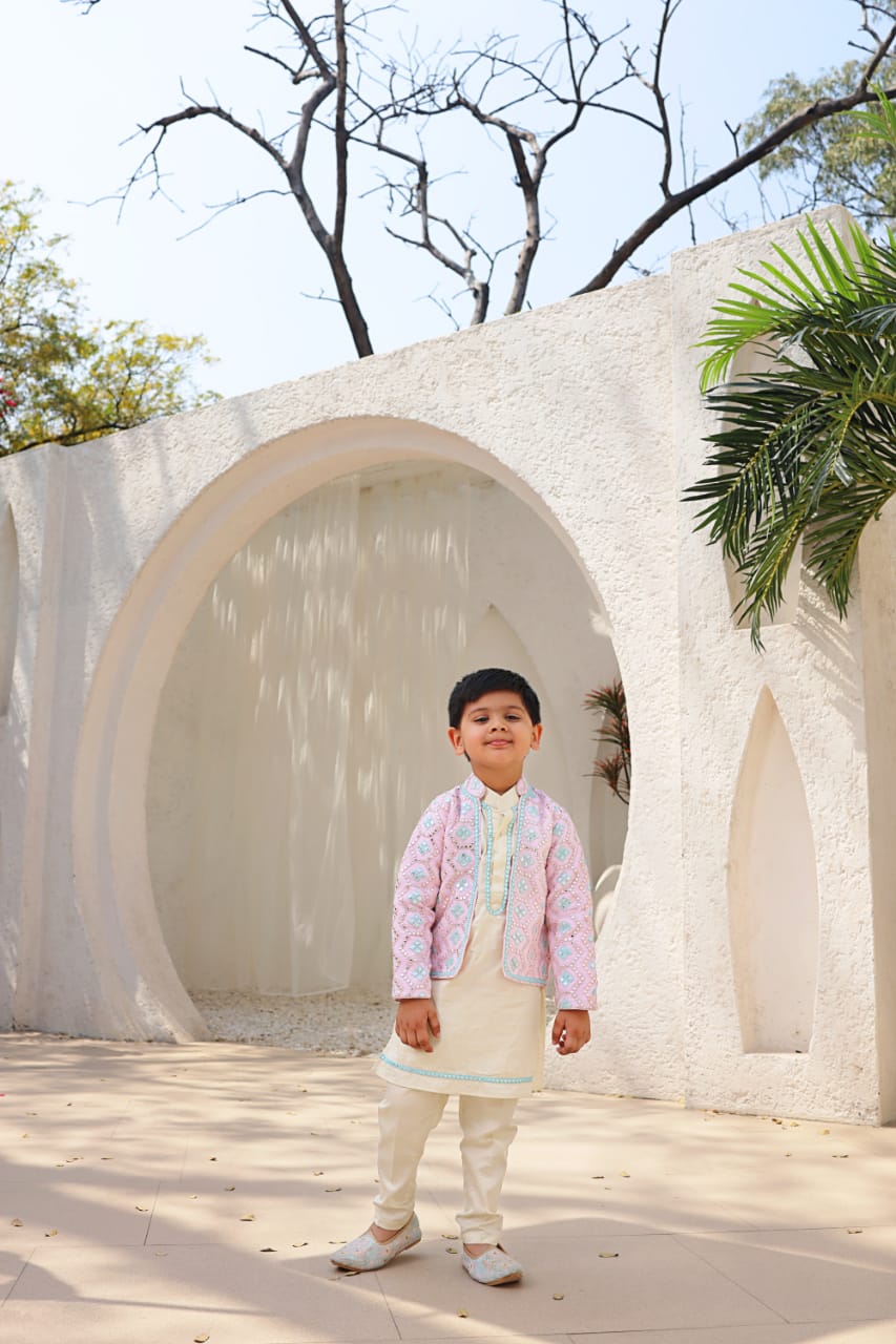 Baby Pink Embroidery Jacket With Kurta And Pant