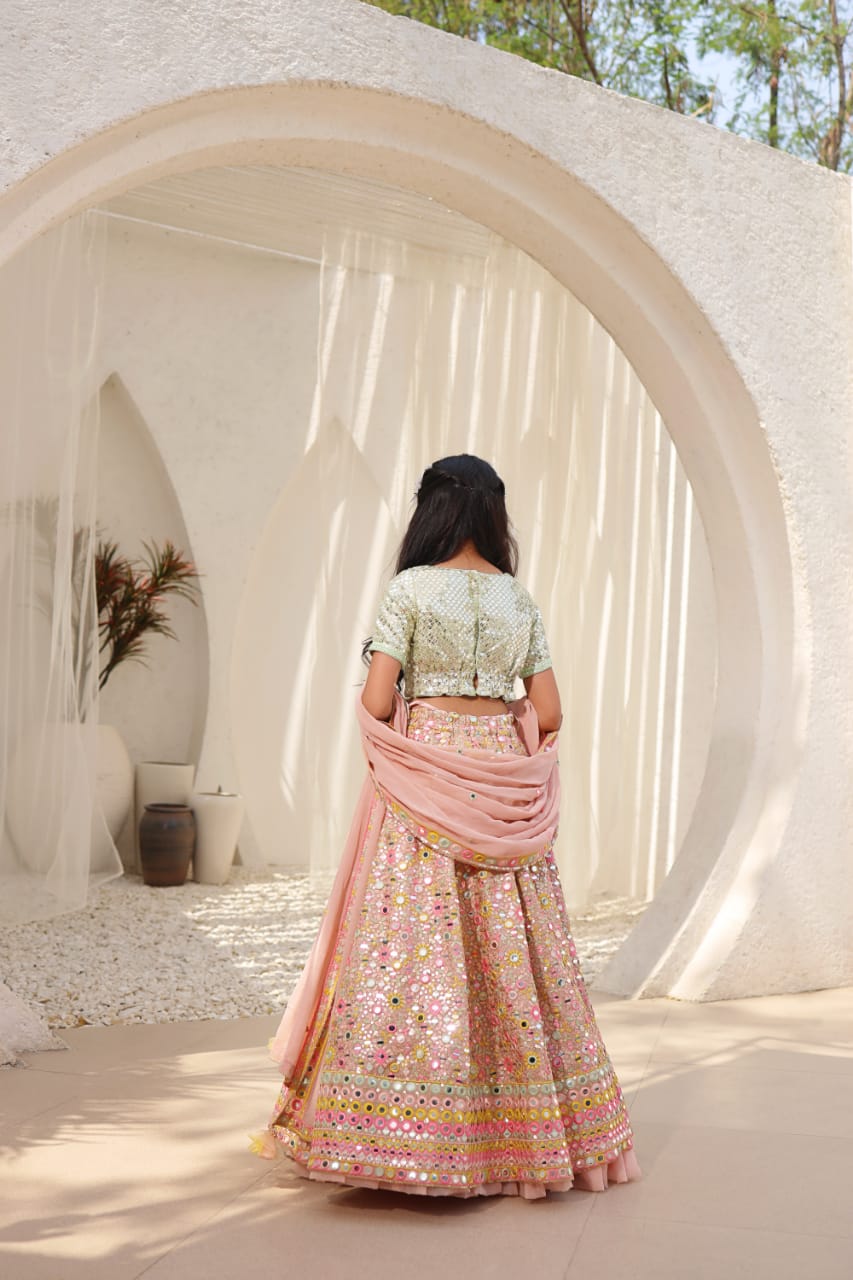 Peach Embroidered Choli With Lehenga