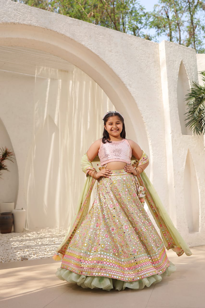 Green Embroidered Choli With Lehenga