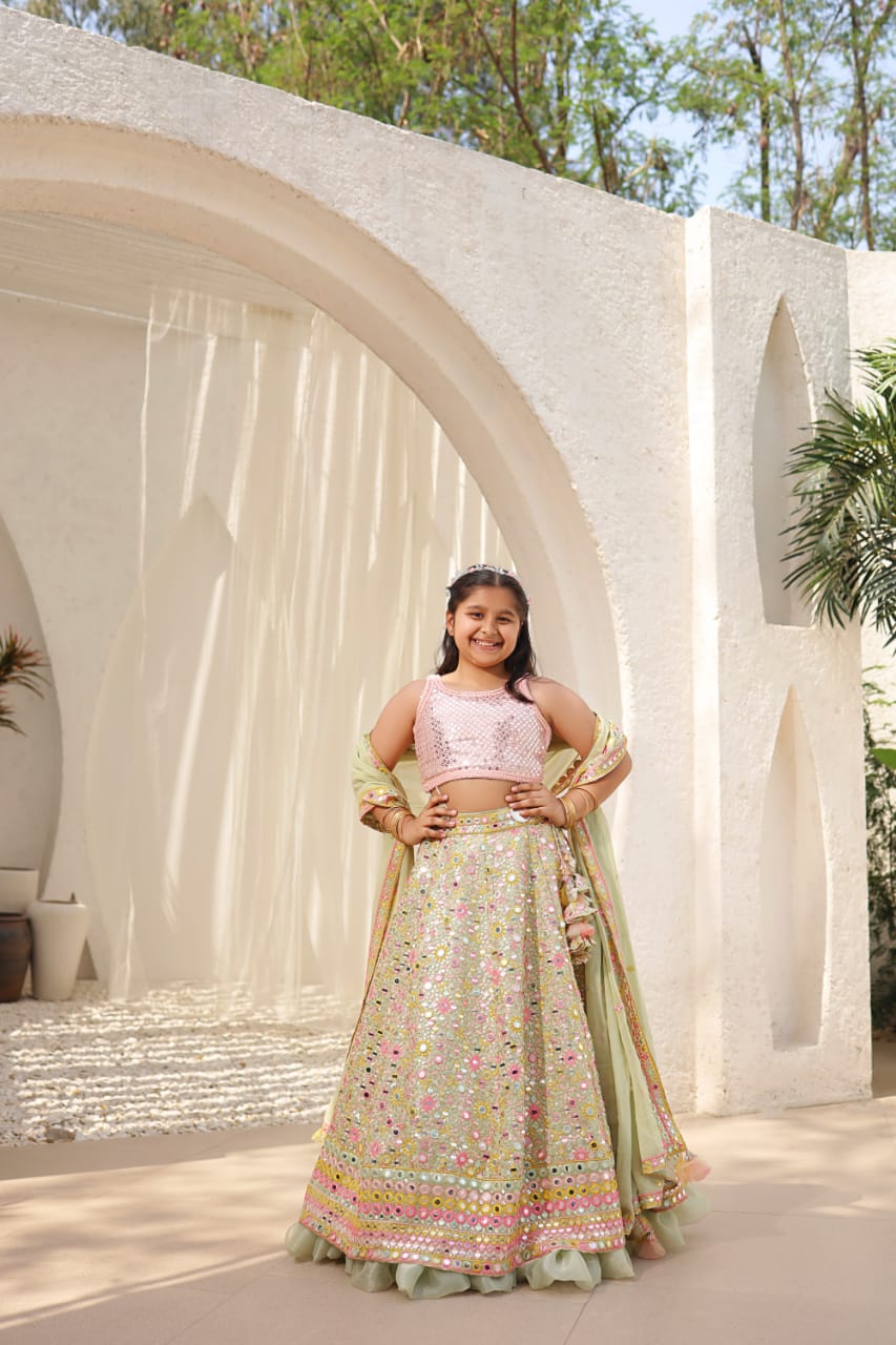 Green Embroidered Choli With Lehenga