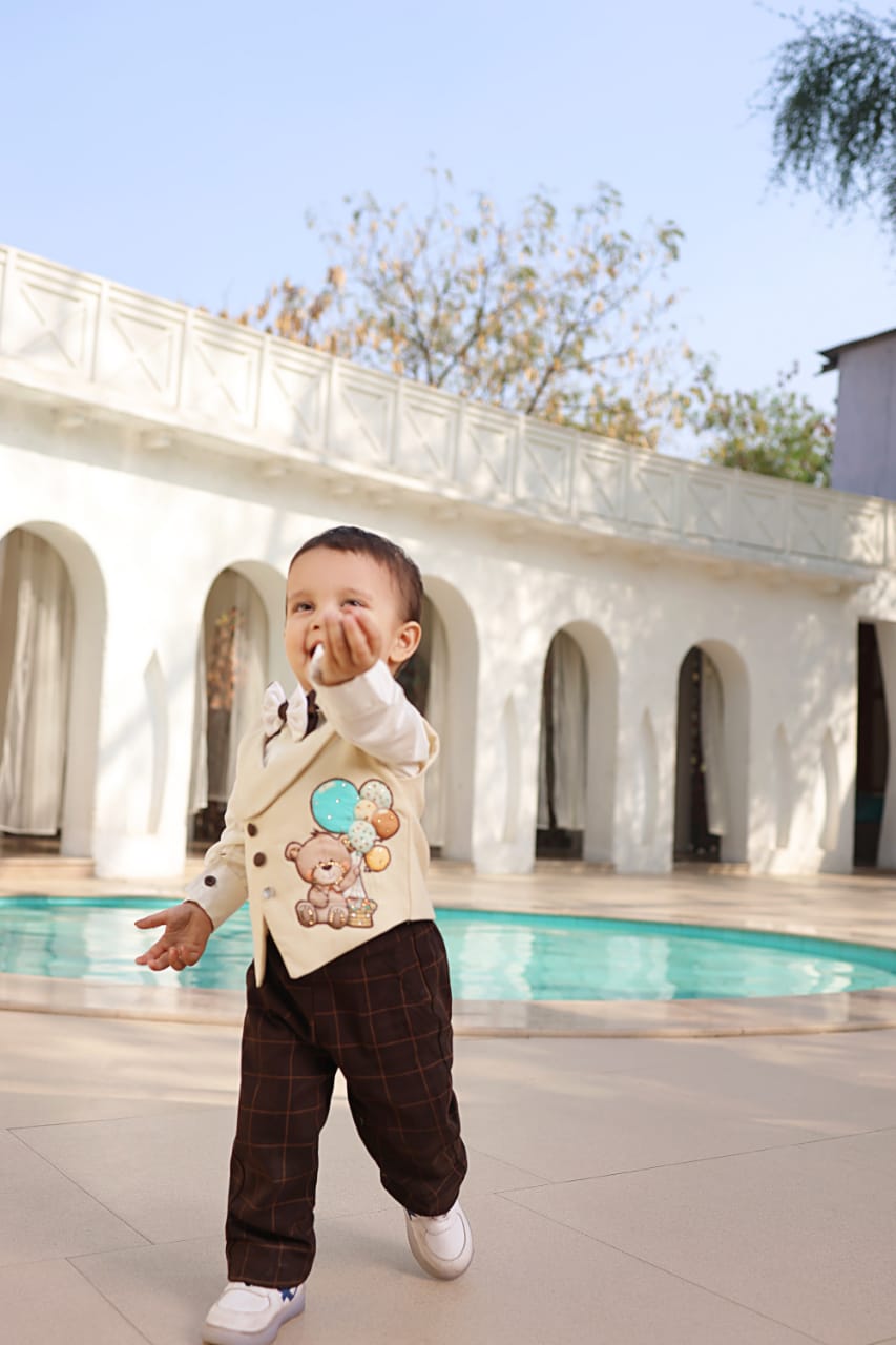 Beige Waist Coat Set For Boys