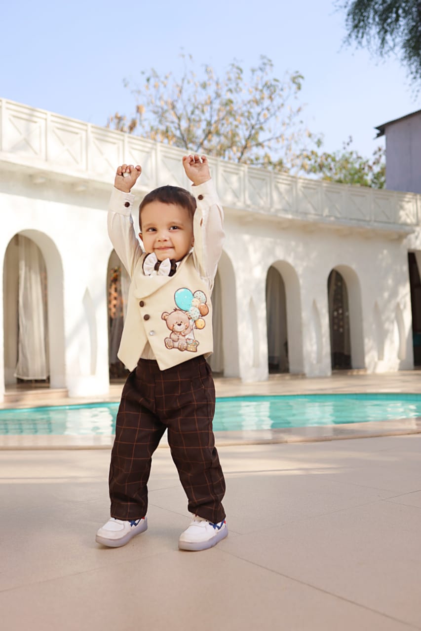 Beige Waist Coat Set For Boys