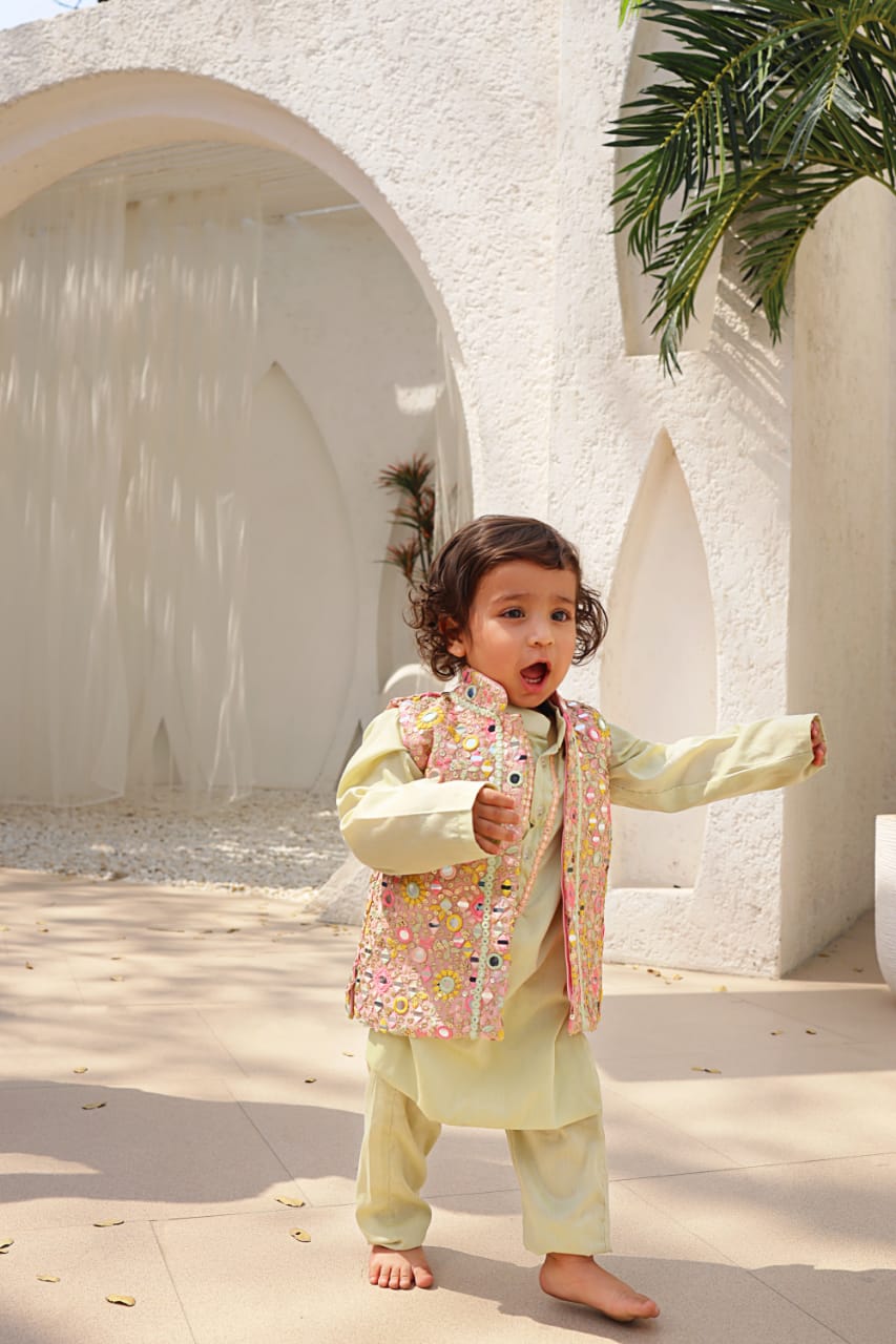 Peach Embroidered Jacket With Kurta And Pant