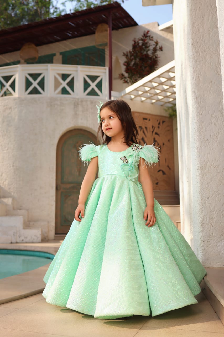 Green Embroidery Gown For Girls