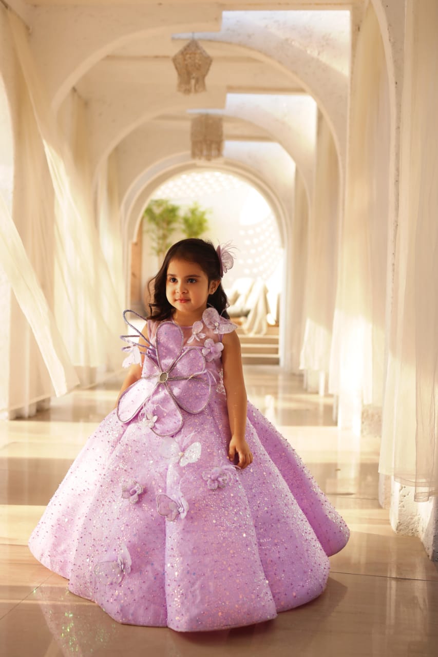 Lilac Embroidered Gown For Girls