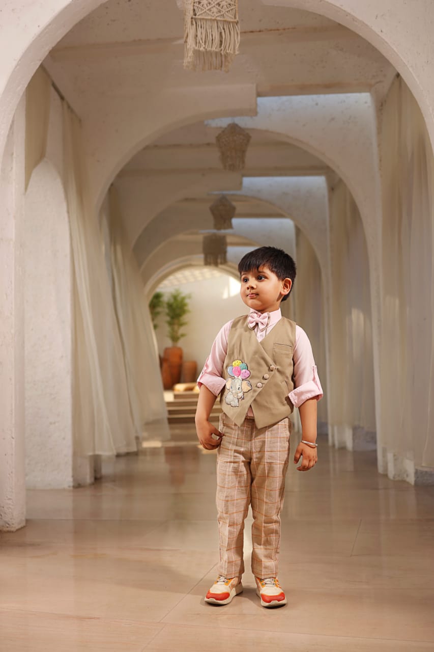 Beige Waist Coat With Shirt And Pant For Boys