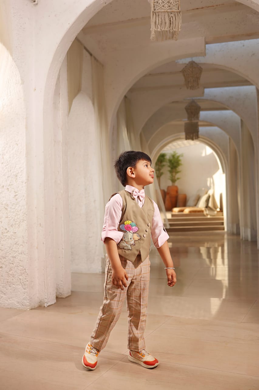 Beige Waist Coat With Shirt And Pant For Boys