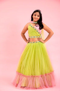 Light Lime Green And Baby Pink Dual Tone Pleated Top And Ruffle Lehenga With Knot Detail Dupatta