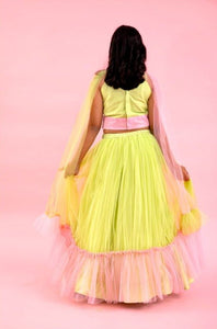 Light Lime Green And Baby Pink Dual Tone Pleated Top And Ruffle Lehenga With Knot Detail Dupatta