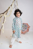 Grey Lotus Print Kurta Set For Boys