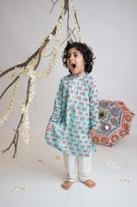 Grey Lotus Print Kurta Set For Boys