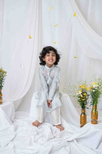 Light Grey Embroidered Kurta Set For Boys