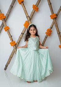 Sea Green Mirror Embroidery Halter Lehenga For Girls