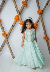 Sea Green Mirror Embroidery Halter Lehenga For Girls