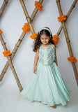 Sea Green Mirror Embroidery Halter Lehenga For Girls