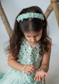 Sea Green Mirror Embroidery Halter Lehenga For Girls