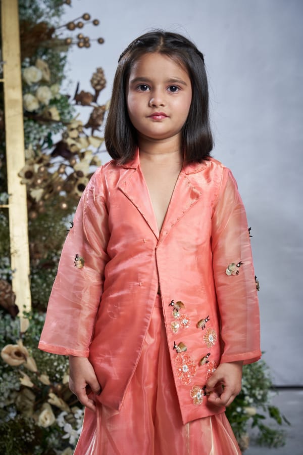 Peach Bumble Bee Jacket Sharara Set