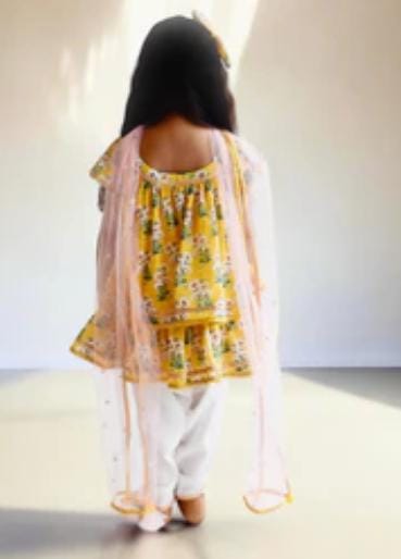 yellow Printed Kurti With dhoti