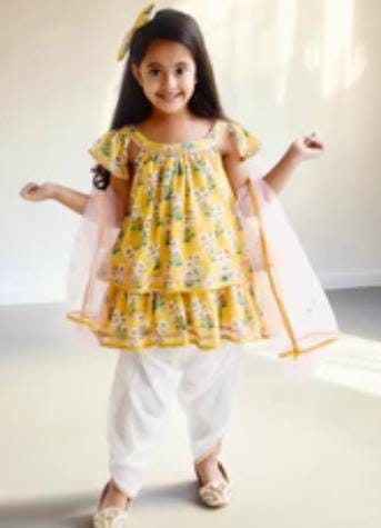 yellow Printed Kurti With dhoti