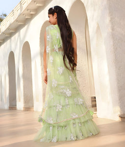 Pista Green Embroidered Lehenga Saree