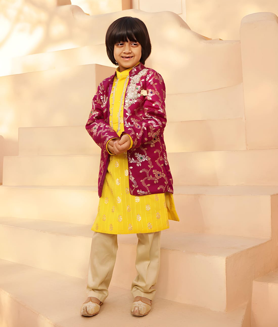 Purple Brocade Jacket With Kurta And Pant