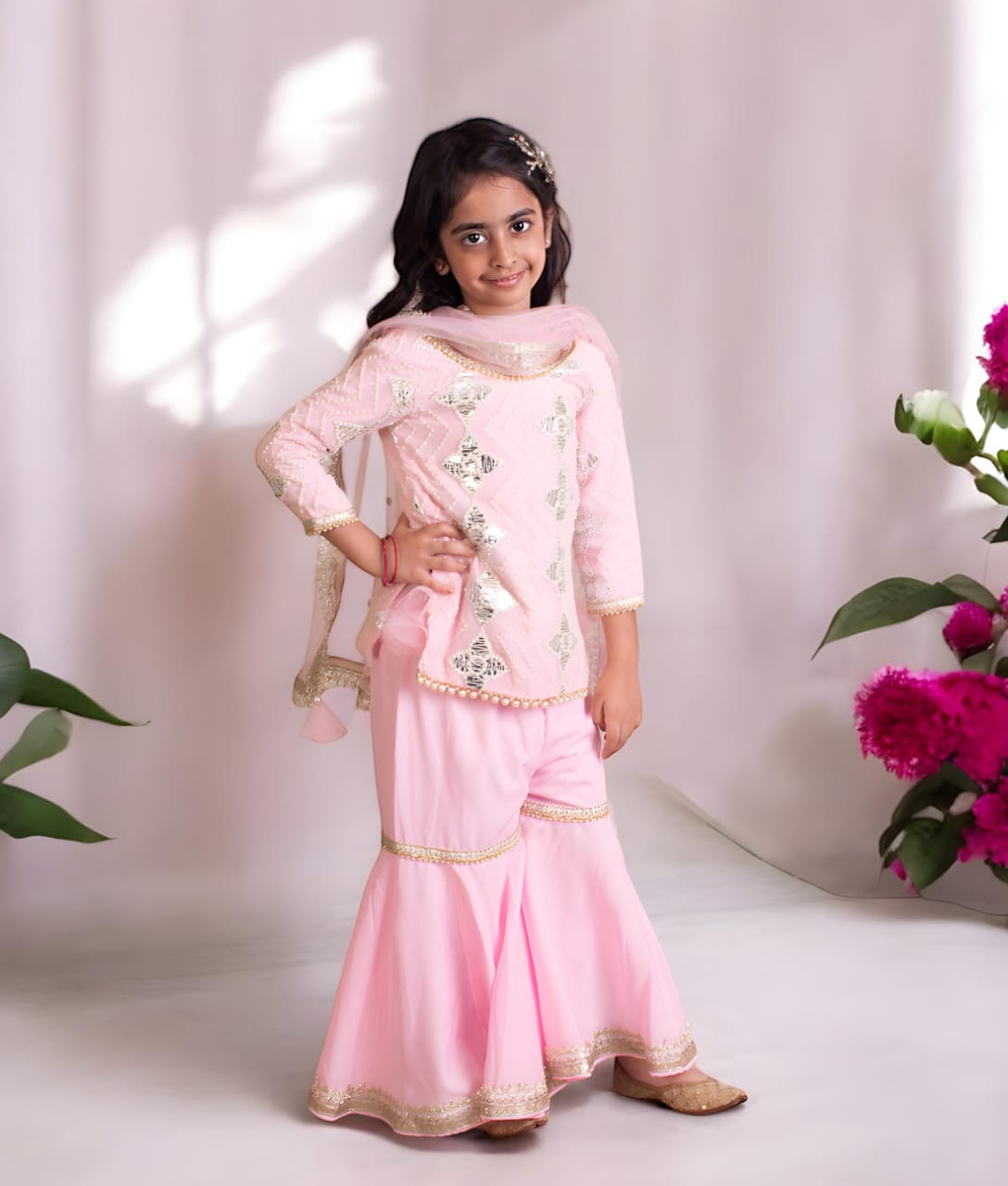 Pink Gota Embroidered Kurti With Sharara