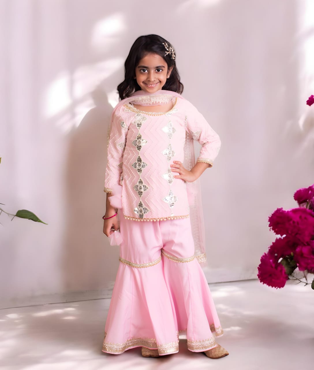 Pink Gota Embroidered Kurti With Sharara