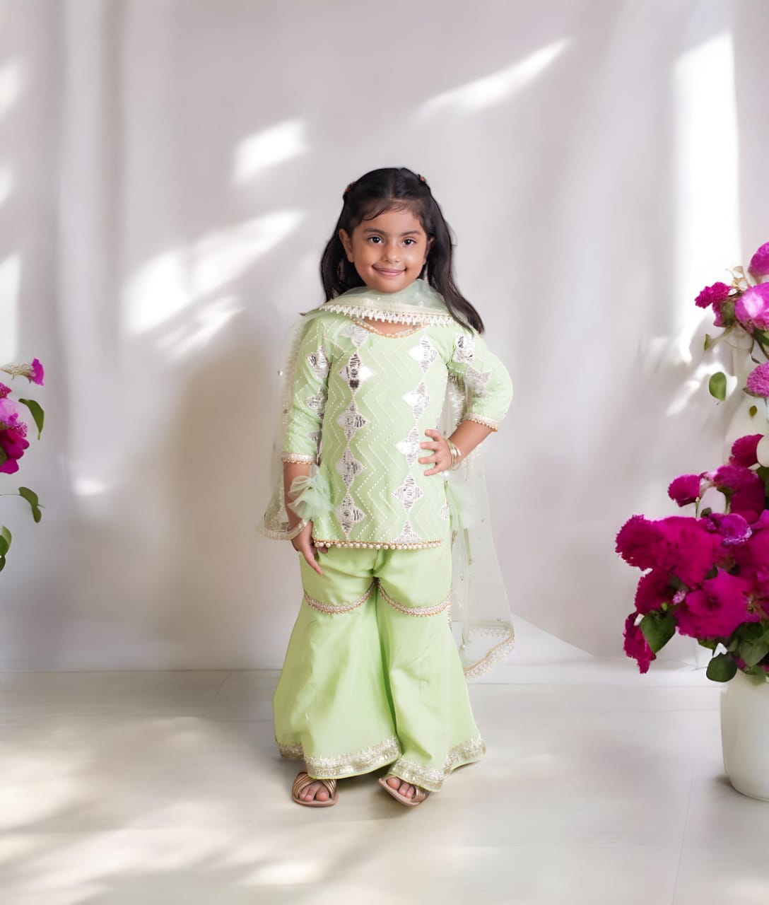 Green Gota Embroidered Kurti With Sharara