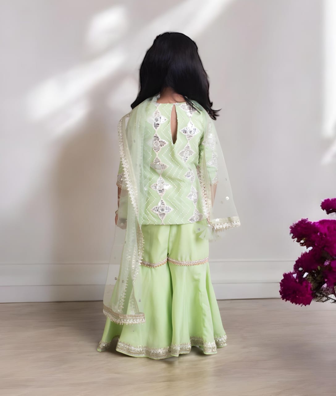 Green Gota Embroidered Kurti With Sharara