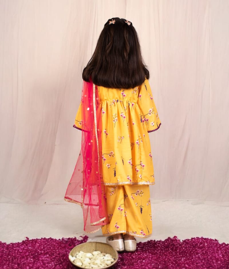 Yellow Flower Printed Kurti With Pant For Girls